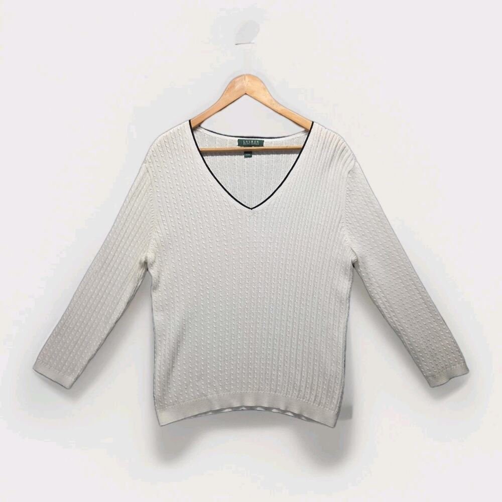 Lauren Ralph Lauren White Cotton Cable Knit Sweater L Heritage Preppy Coastal